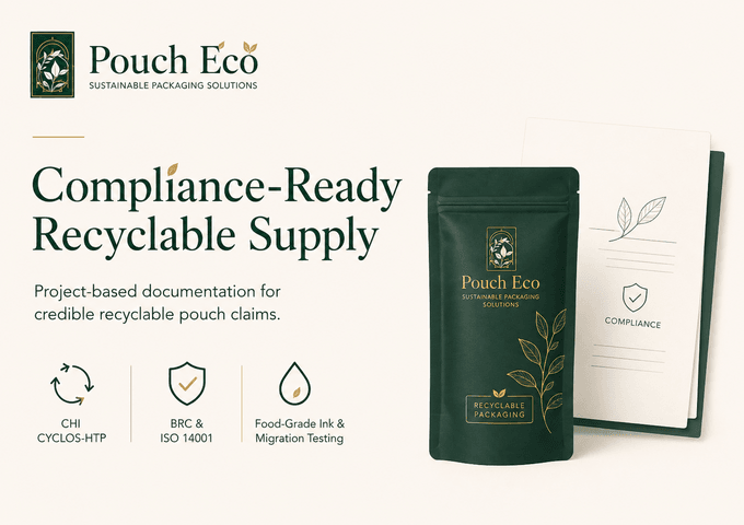 Compliance documentation and CYCLOS-HTP evaluation paperwork beside recyclable pouch samples