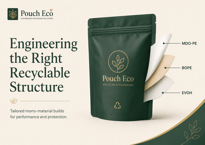 Engineer reviewing material structure options for recyclable pouches at a packaging spec table