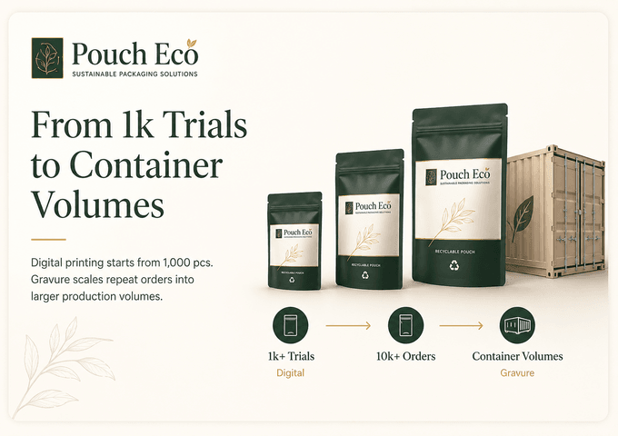 Split visual of a short digital print run beside a high-volume gravure production line of recyclable pouches
