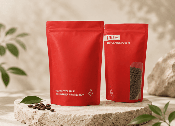 MDO-PE recyclable stand-up pouch standing crisp on a retail shelf with high-clarity printed graphics