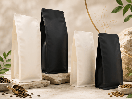 Recyclable flat bottom coffee bag standing box-like with five visible printed panels