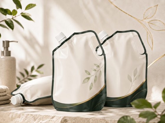 Recyclable spouted eco-refill pouch dispensing shampoo into a reusable rigid bottle