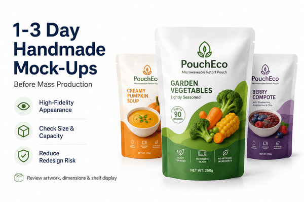 Handmade microwaveable retort pouch mock-up with branded artwork on a packaging studio desk