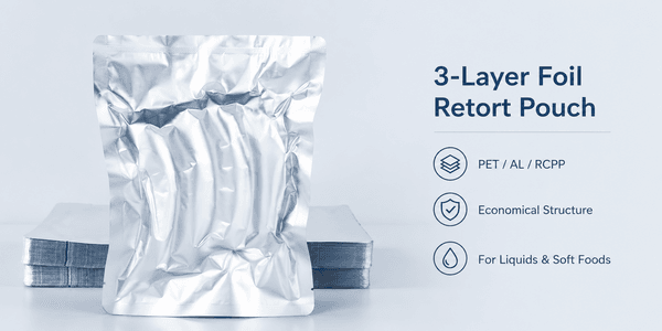 3-layer foil retort pouch filled with sauce in glossy finish on a clean surface