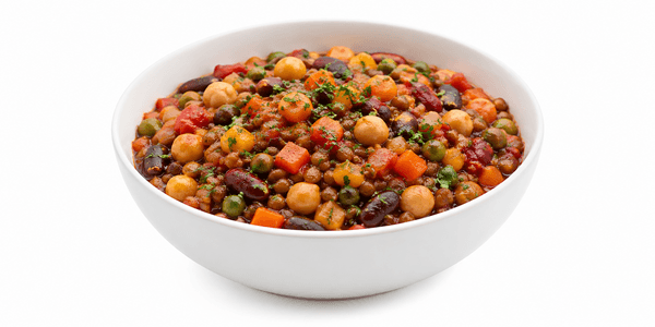 Transparent retort pouch showing chickpeas and lentils