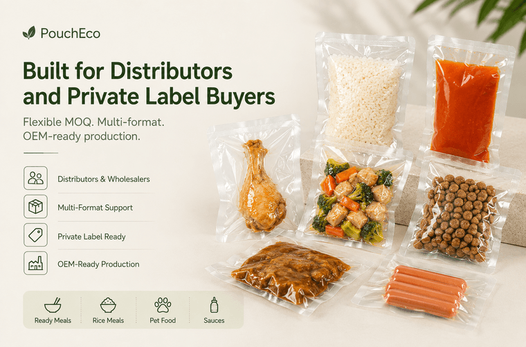 Built for distributors and private label buyers -- transparent retort pouch in factory or retail environment