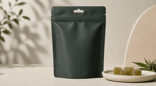 Opaque child-resistant recyclable cannabis pouch with compliant labeling on a dispensary shelf
