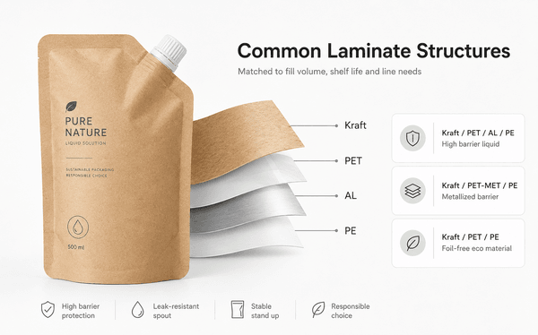 Common laminate structures diagram for kraft stand up spout pouches, showing Kraft/PET/AL/PE barrier layer composition