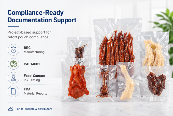 Document set and material swatches representing retort pouch test reports and compliance files