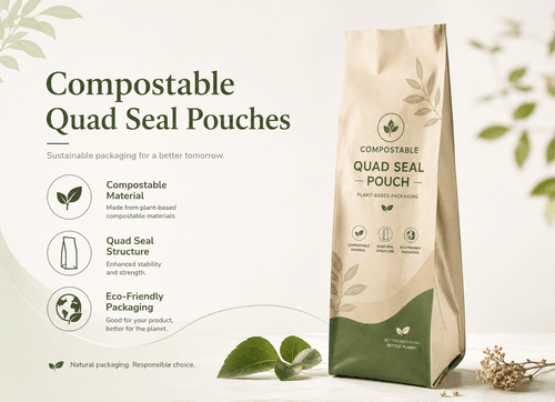 Compostable quad seal pouch for industrial or home compostable packaging