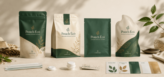 Home compostable shaped pouch with tear-notch closure for snack and nut applications