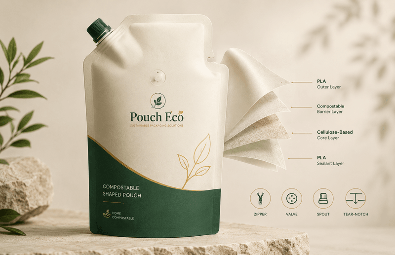 Compostable shaped pouch film structure cross-section illustration with PLA and barrier layers