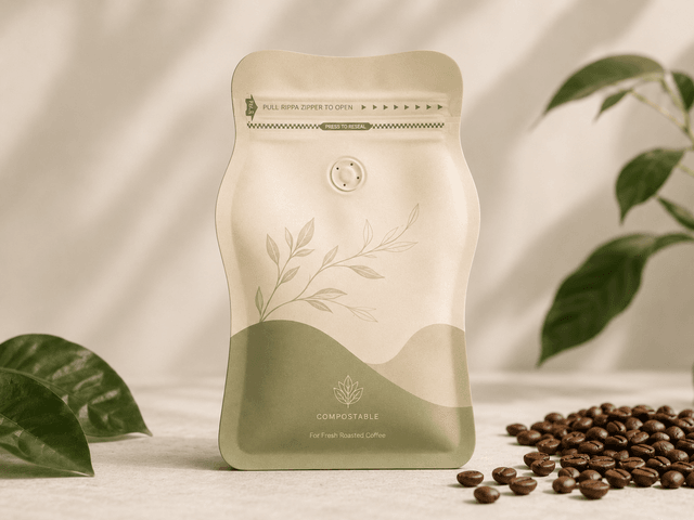 Industrial compostable shaped pouch with one-way degassing valve for whole-bean coffee