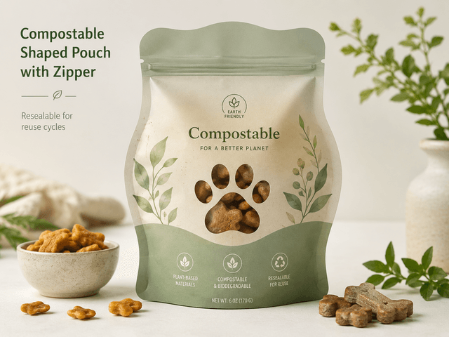 Compostable flat-bottom shaped pouch with resealable zipper for pet food packaging
