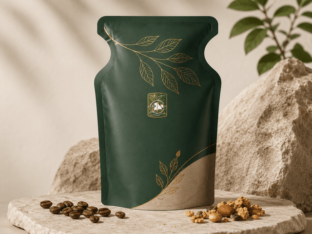 Compostable shaped pouches arranged on retail shelf for premium nutraceutical category