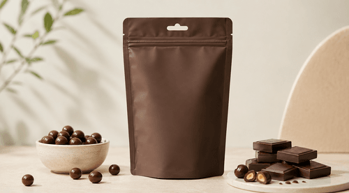 Glossy resealable recyclable chocolate pouch with pieces spilling out on a premium display