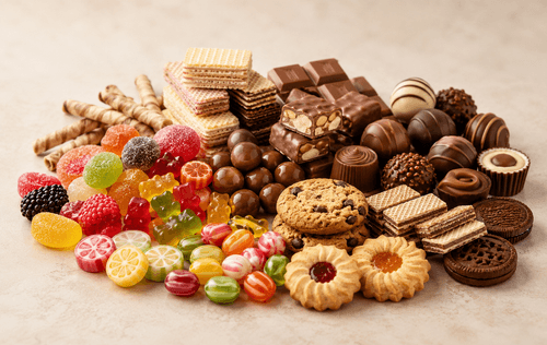Confectionery and sweets recyclable flat bottom pouch with vibrant printed design for candy and chocolate packaging