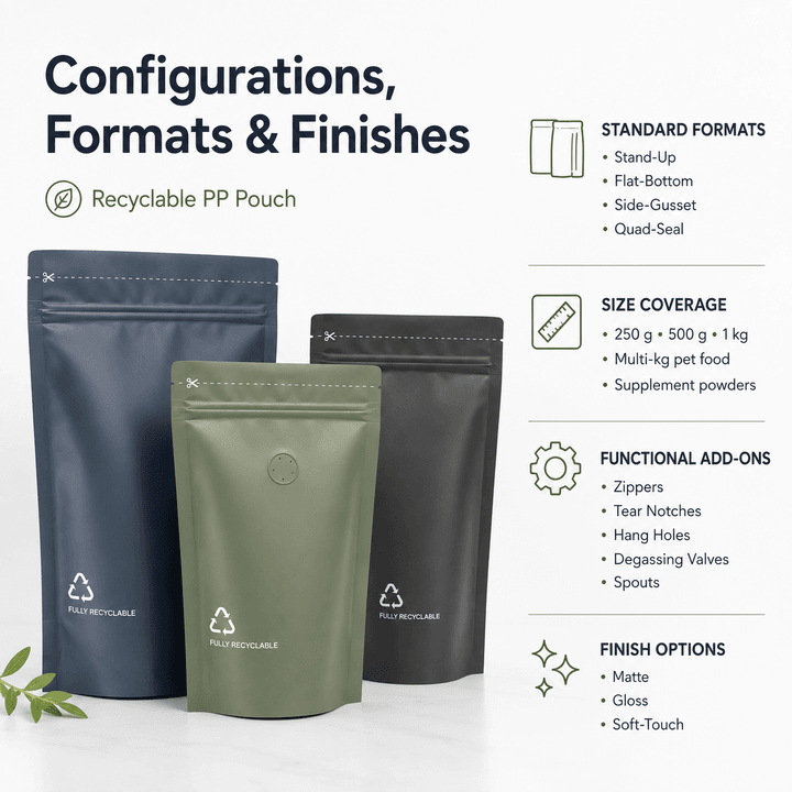 Overview of pouch configurations, standard formats, and available finishes including matte, gloss, and soft-touch options