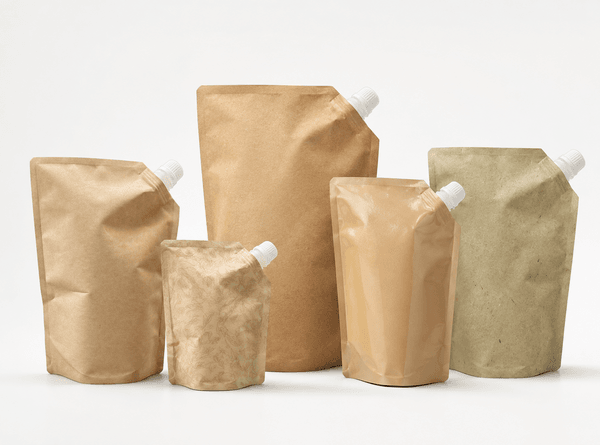 Kraft stand up spout pouches configured by structure, barrier and finish -- not a fixed catalog