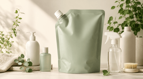 Hand pouring from a recyclable spouted refill pouch into a reusable bottle in a bathroom setting