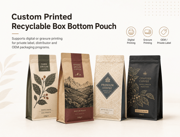 Multi-SKU custom printed recyclable box bottom pouch lineup for private label and OEM