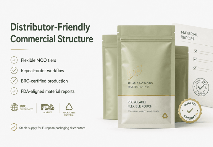 Distributor-friendly commercial structure for recyclable 3-side seal pouch -- BRC certified, flexible MOQ tiers