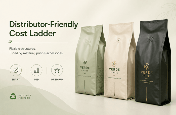 Tiered pricing structure visual showing three recyclable quad seal pouch configurations