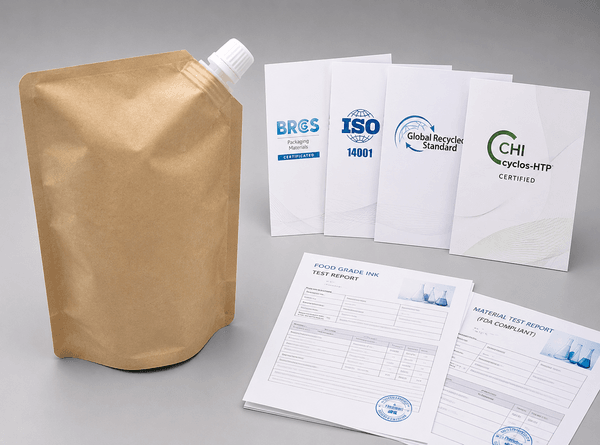 Documentation package for kraft stand up spout pouches -- BRC, ISO 14001, cyclos-HTP certificates