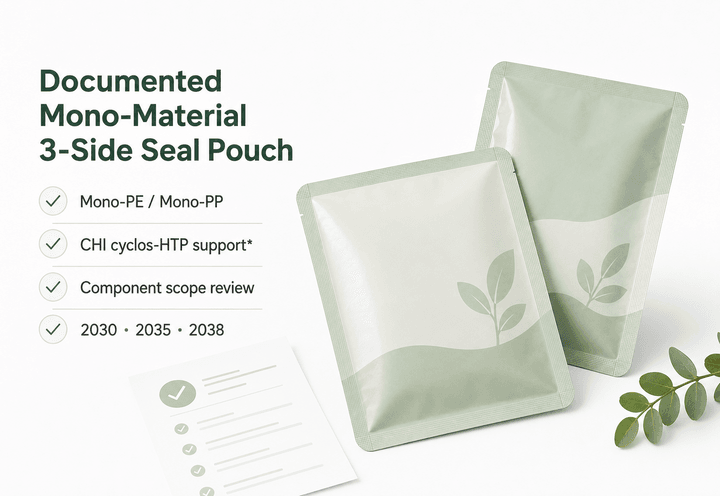 PPWR-ready recyclable 3-side seal pouch portfolio -- mono-PE and mono-PP structures aligned with Grade A threshold