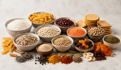 Dry goods shelf with variety of mono-PP recyclable pouches