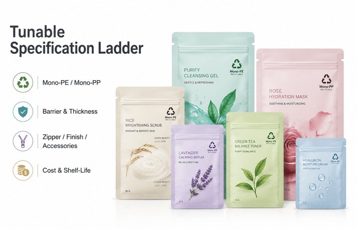 Hero pack shot showing multiple sizes of recyclable 3-side seal pouches with printed artwork, recyclable mark and mono-material structure callout