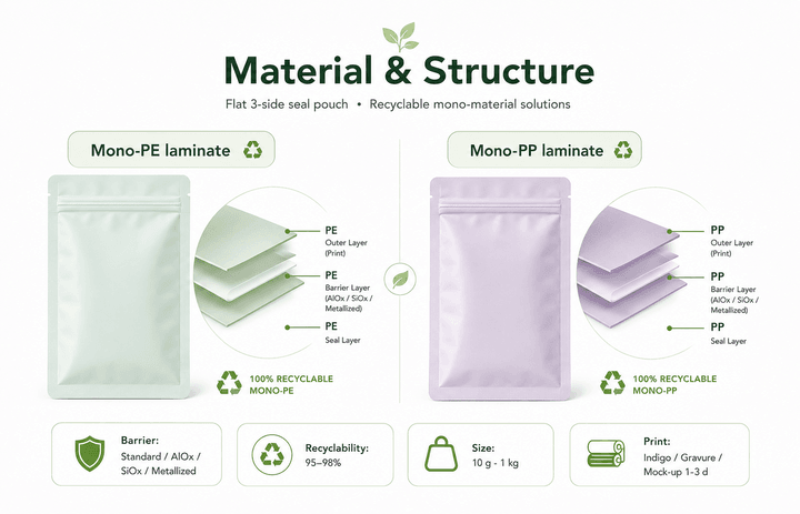 Side-by-side detail shot -- mono-PE laminate cross-section and mono-PP laminate with arrows highlighting recyclable layers