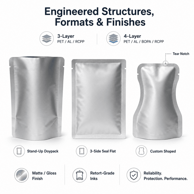 Flat-lay of three retort pouch formats -- doypack, 3-side seal, and shaped pouch -- in matte finish with tear notches visible