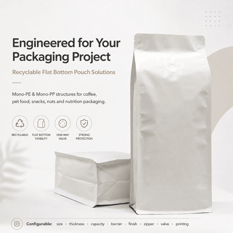 Custom printed recyclable flat bottom pouch with zipper, coffee valve and matte finish
