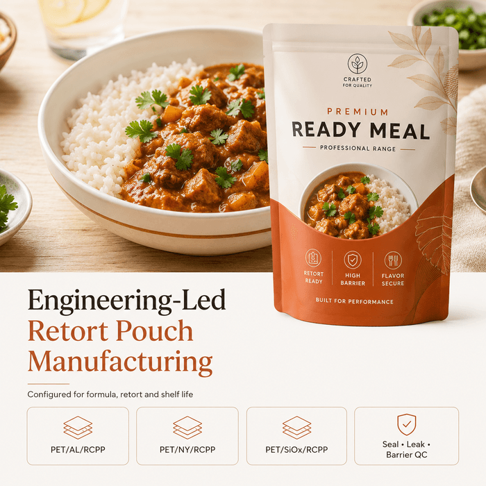 High-barrier laminated retort pouch for shelf-stable ready meal packaging
