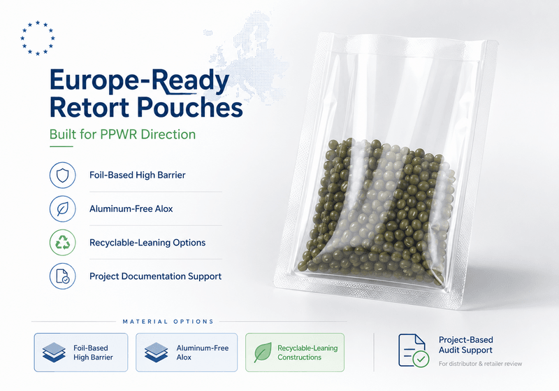 European retail shelf with retort pouches in food category showing PPWR-aligned packaging
