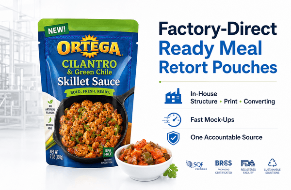 Multi-SKU ready meal retort pouch designs printed on HP Indigo press