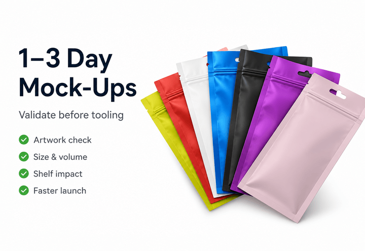 Hand-made 1-3 day mock-up of recyclable 3-side seal pouch on review desk for pre-launch validation