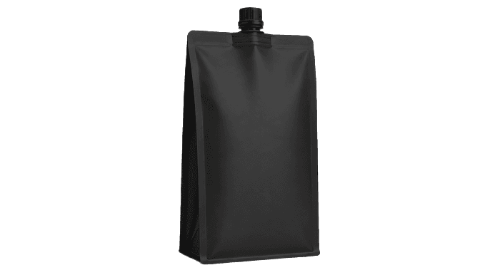 Flat-bottom recyclable spout pouch standing upright with side-corner spout