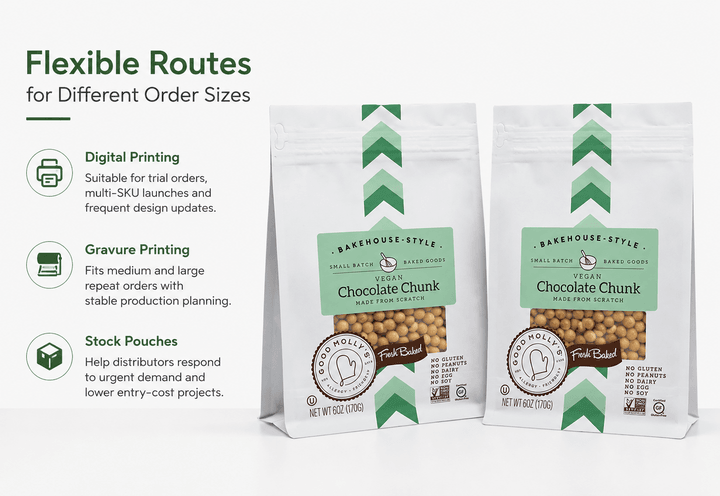 Side-by-side comparison of digital printed, gravure printed and stock flat bottom pouch samples