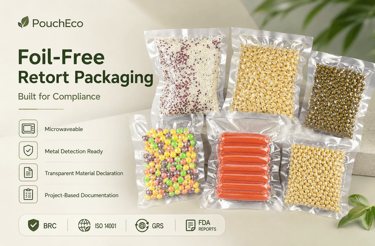 Foil-free retort packaging built for compliance -- transparent retort pouch in factory or retail environment