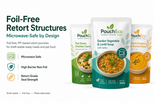 Hand removing foil-free microwaveable retort pouch from microwave with steam rising
