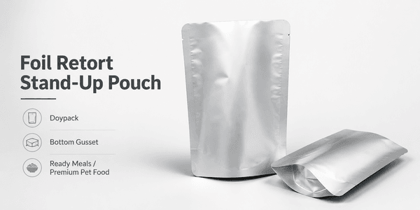 Retail shelf row of branded foil doypack stand-up retort pouches standing upright under store lighting