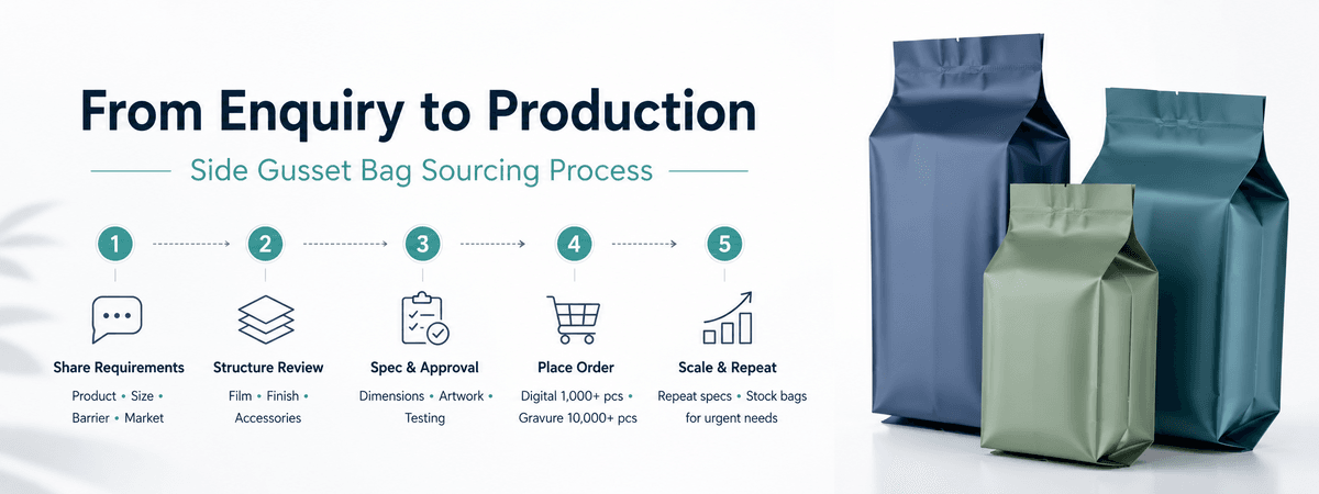 Visual overview of the side gusset bag sourcing process, from enquiry to production
