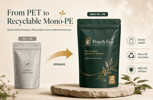 Before-and-after comparison of a PET laminate pouch and an MDO-PE recyclable stand up pouch on the same retail shelf