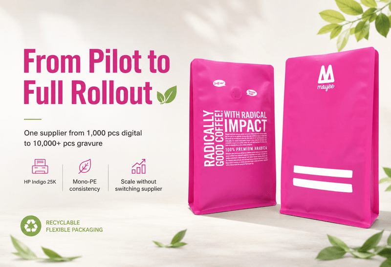 HP Indigo 25K digital printing of mono-PE pouch artwork in production