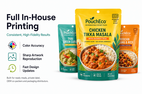 HP Indigo digital press printing food packaging artwork for microwaveable retort pouches