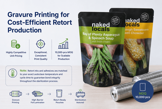 Short-run digitally printed aluminum foil retort pouches in several flavor designs laid in a row