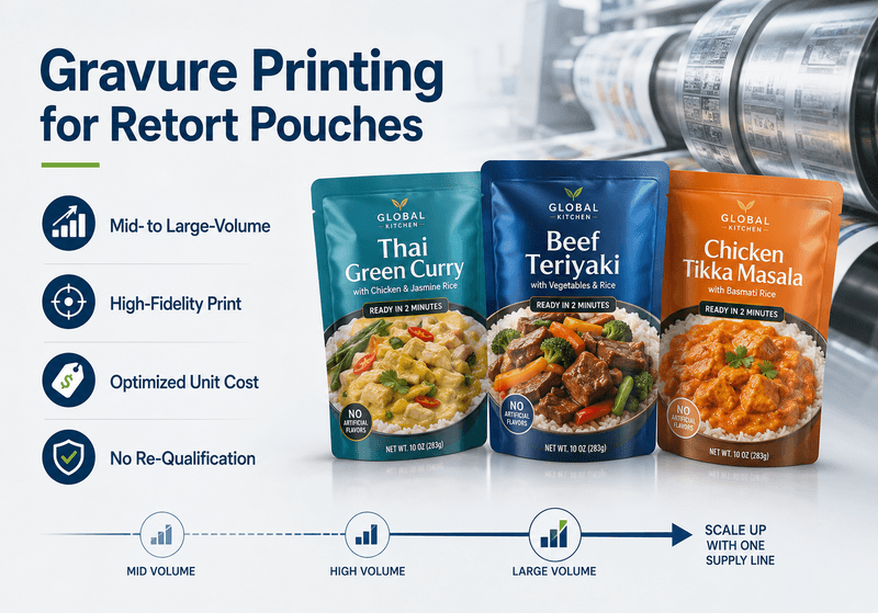 HP Indigo 25K digital press alongside gravure cylinders for retort pouch printing
