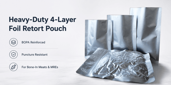 Close-up of thick 4-layer foil retort pouch holding bone-in stew with edge cross-section visible